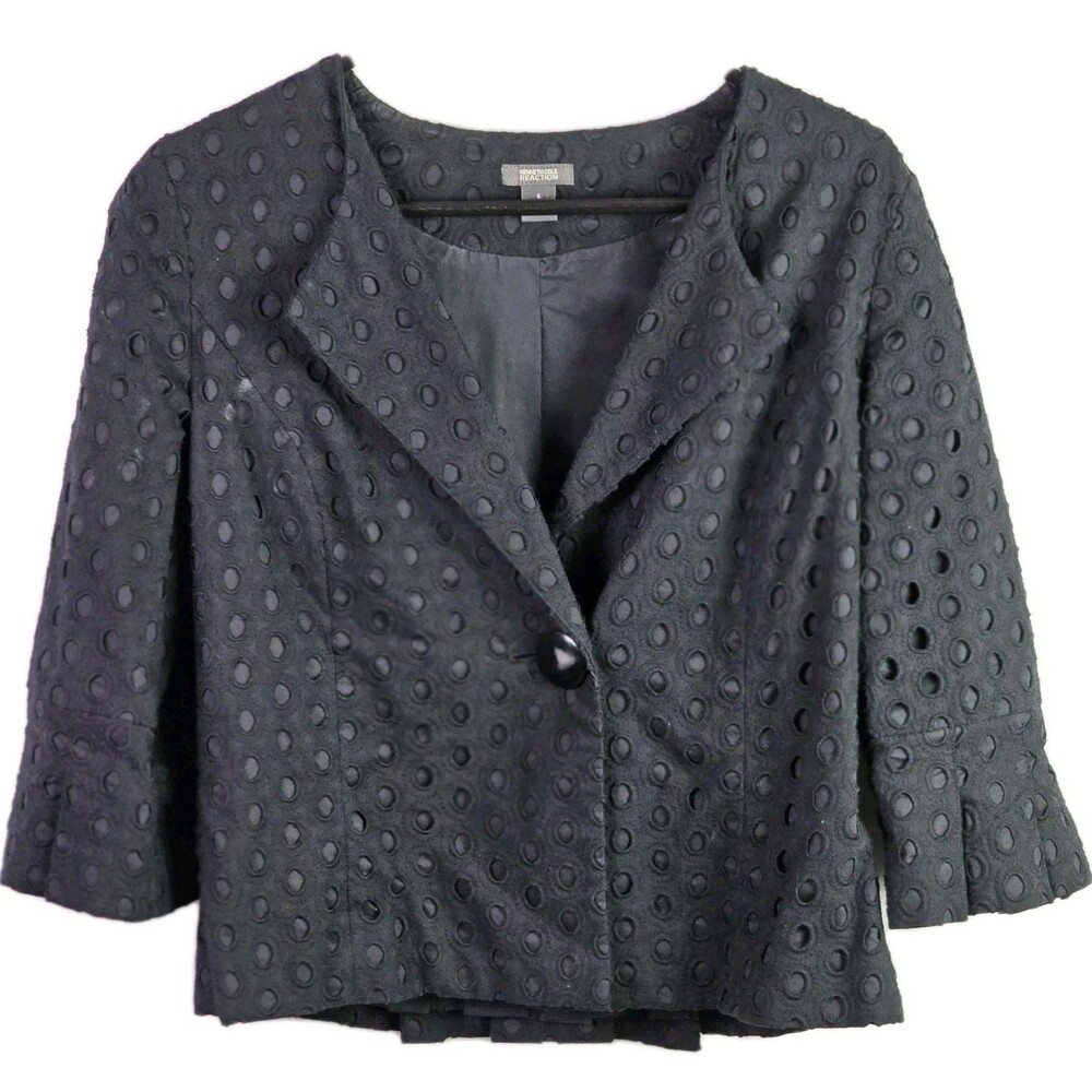 Kenneth Cole Reaction Women's 6 Black Eyelets‎ Button Up V Neck Blazer